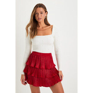 Lulus Treasured Sweetie Red Satin Plisse Tiered Mini Skirt - Size M